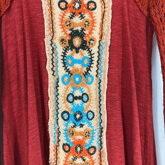 Free  People Rust Orange Embroidered Longsleeve Scoop neck Knit top size XS - Picture 2 of 16